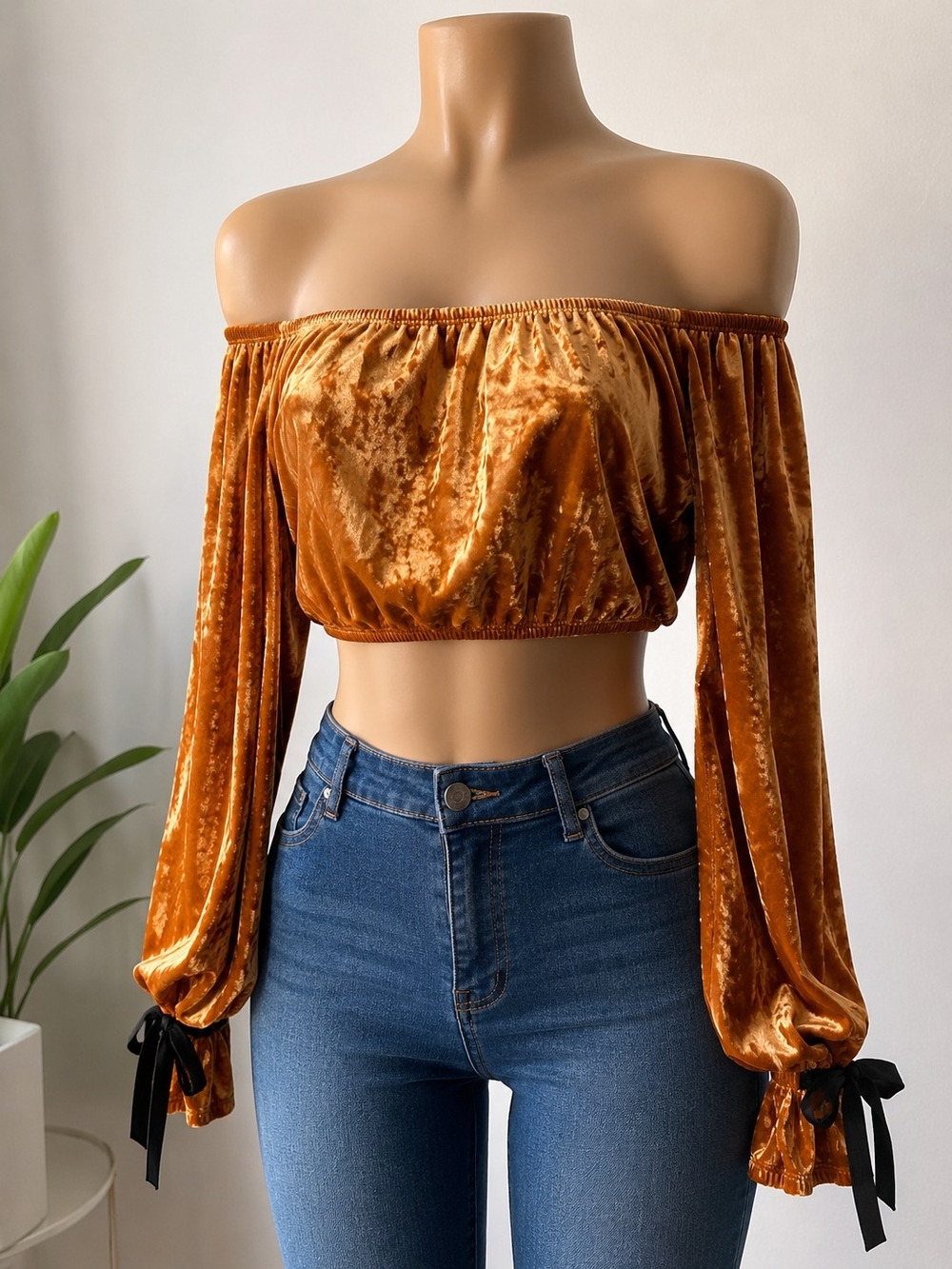 Forever 21 Velvet Off-Shoulder Crop Top in Burnt Orange